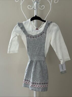 Carter's Gray Knit Pinafore Dress with White Top and Burgundy Accents